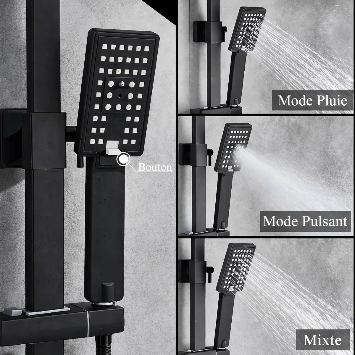 Détail colonne de douche Tipaza noire mate avec douchette 3 fonctions